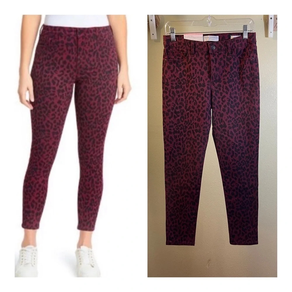 Social Standard by Sanctuary Skinny Ankle Jeans Maroon Cheetah Print Sz 6 NEW